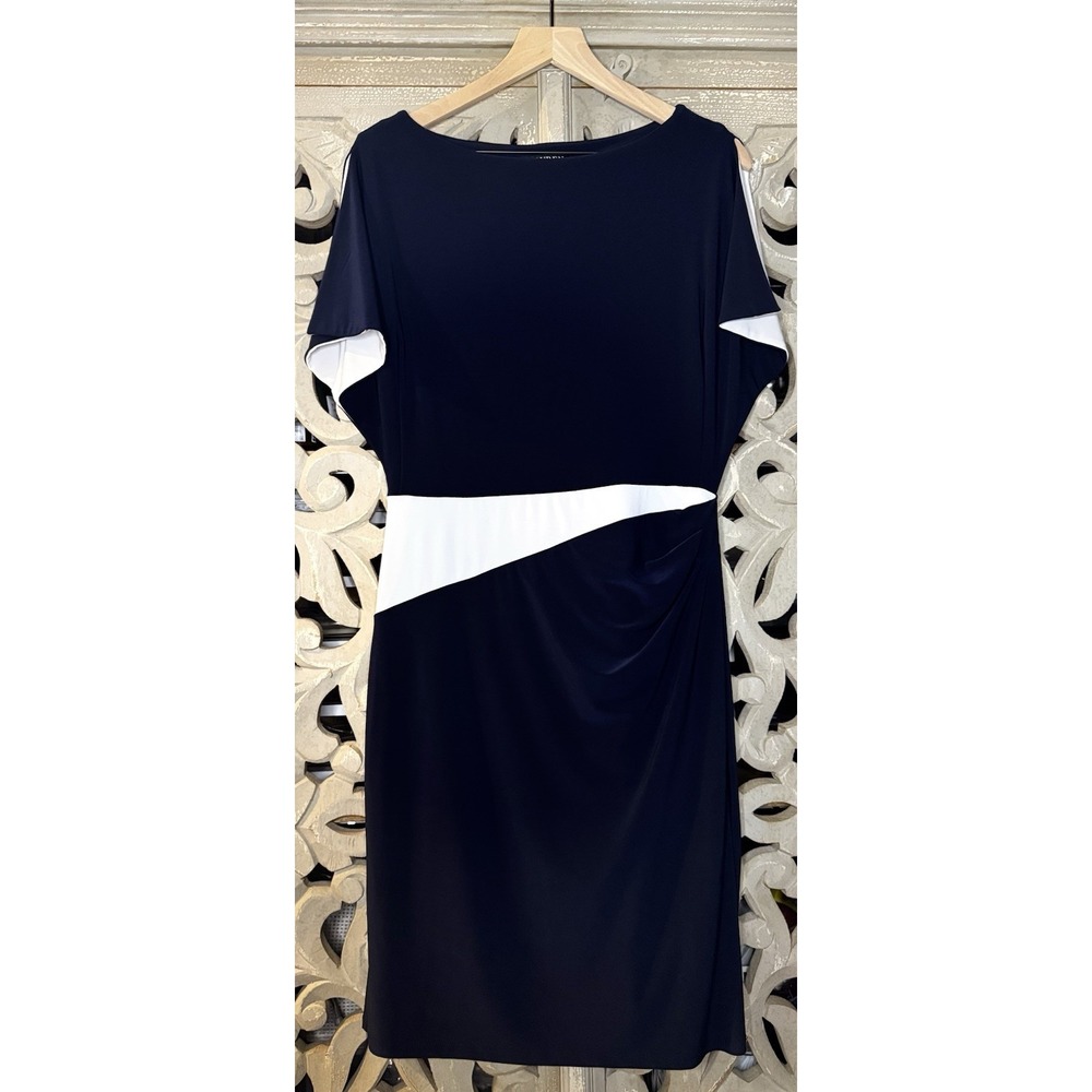 Lauren Ralph Lauren Navy White Colorblock Sheath Dress Ruched Size 12
